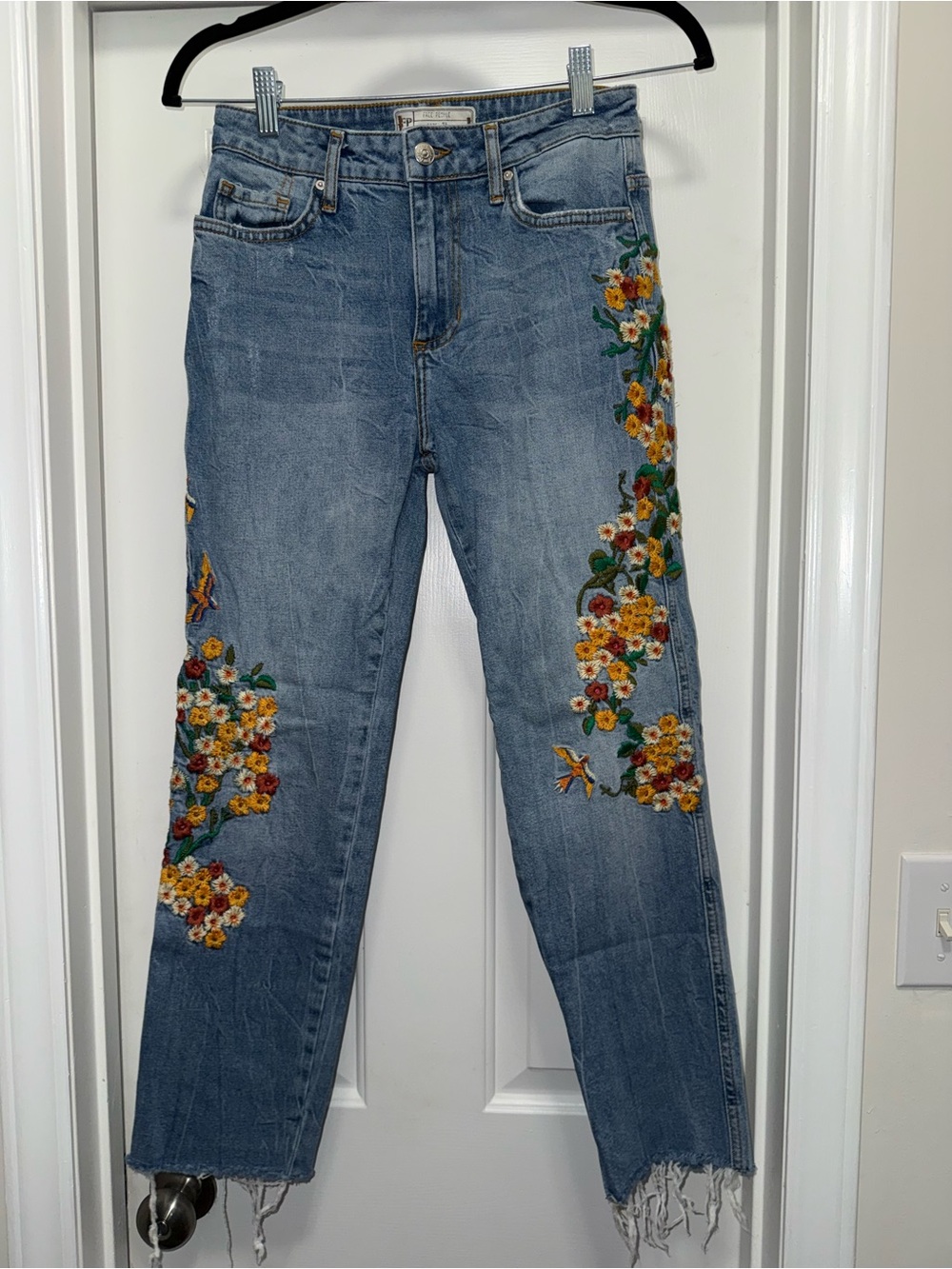 Free People Embroidered Girlfriend Jeans Floral Jeans Blue